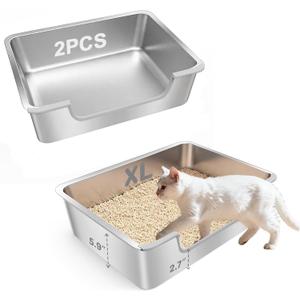 2-Pack Low Entry Litter Box for Senior Disabled & Injured Cats, Stainless Steel High Sided Enclosed Easy Step in Entry-Large Metal Kitty Litter Box for Kittens, Odor Control (23.6"x15.7"x5.9")