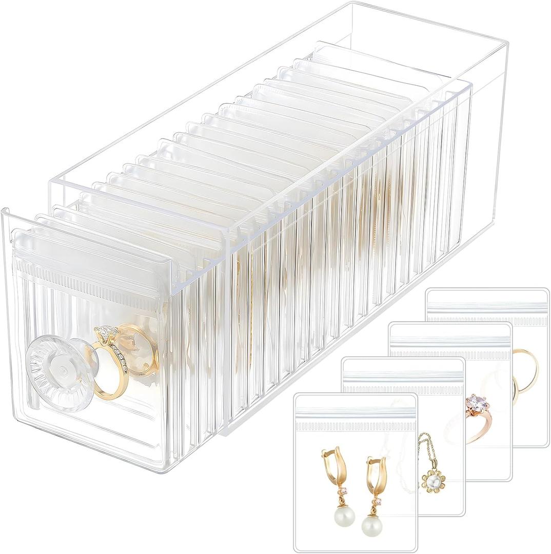 Clear Acrylic Jewelry Organizer Box with 20 Portable Pouches, Jewelry Storage Case for Women Girls, Tangle-Free, Anti-Tarnish, Compact Storage for Necklaces/Earrings/Rings, Upgraded Clear