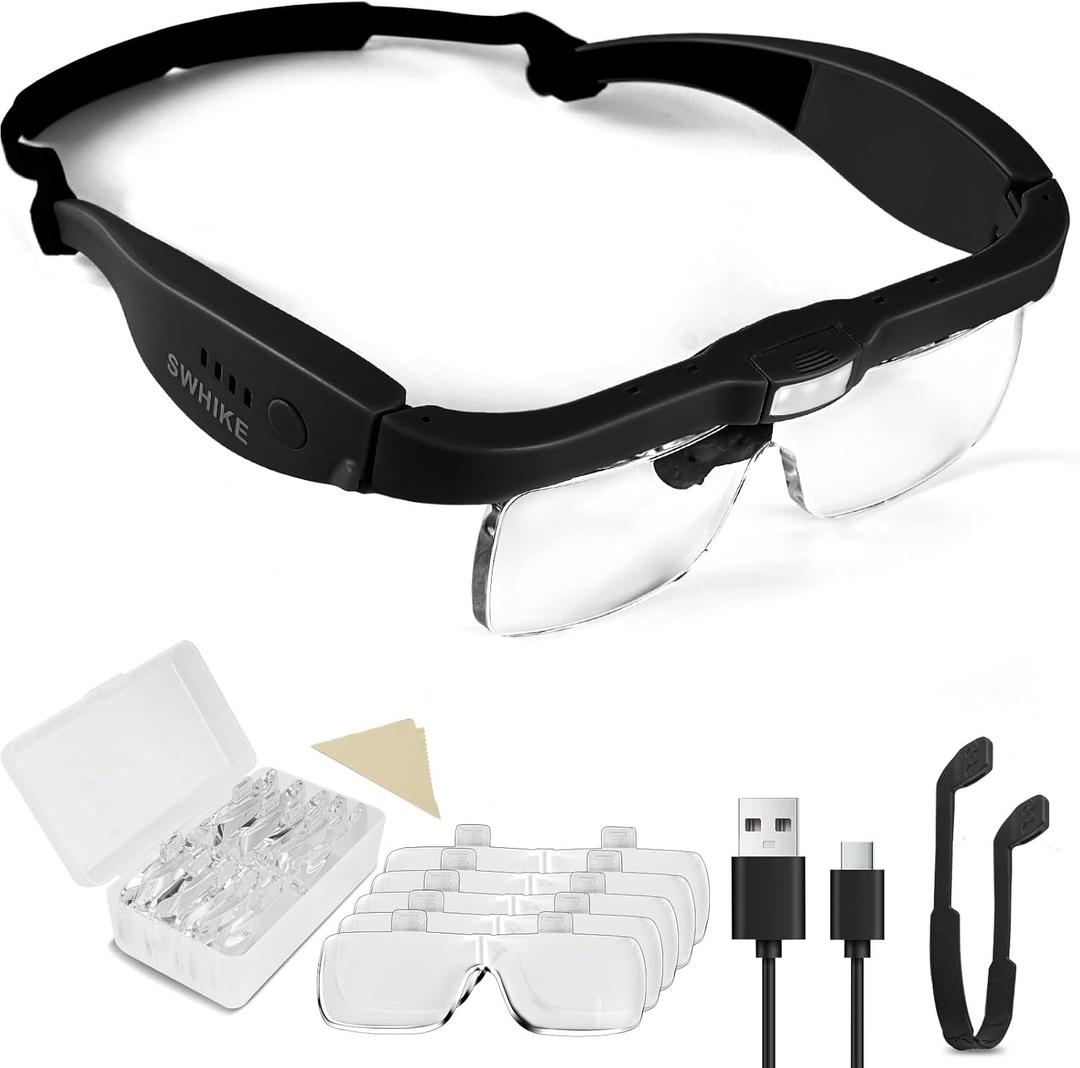 Magnifying Glass with Light Hands Free, Rechargeable Magnifying Glasses Headset with 5 Detachable Lenses Magnifier for Close Work, Reading, Jewelry Making Crafts (Black)