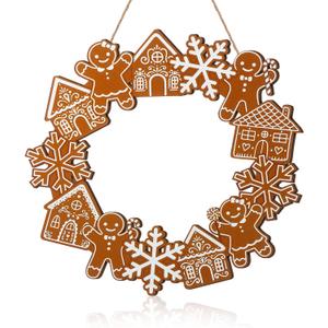 Jetec Christmas Gingerbread Wreath 11.8inch Christmas Front Door Decor Wooden Gingerbread Man and House Snowflakes Door Hanger Rustic Wall Decoration for Xmas Holiday Garden Yard Window