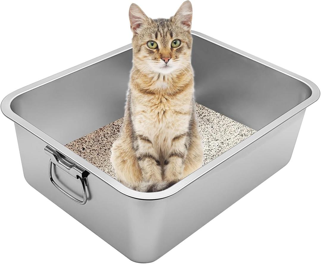 Fhiny Stainless Steel Litter Box with Handle Metal Cat Litter Pan and 4 Non-Slip Pads High Sided Cat Toilet Easy to Clean Odor Control for Kitties Kitty Rabbits（19.7 x 13.8 x 5.9 in ）