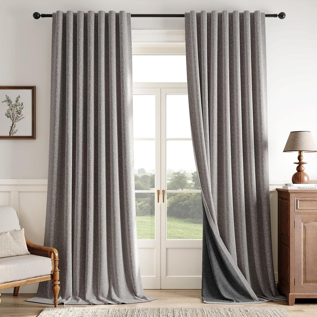 100% Blackout Faux Linen Curtains 90 inch Length 2 Panels Set for Living Room, Linen Textured Full Light Blocking Room Darkening Thermal Insulated Drapes for Bedroom (W52xL90, Mocha) (Brown)