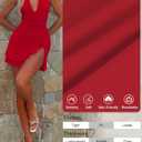Women Sexy Halter Deep V Neck Ruched Bodycon Dress Summer Side Slit Mesh Hem Cocktail Club Party Short Mini Dresses (Red, M)