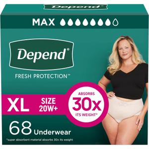 Depend Fresh Protection Adult Incontinence & Postpartum Bladder Leak Underwear for Women, Disposable, Maximum, Extra-Large, Blush, 68 Count (2 Packs of 34), Packaging May Vary