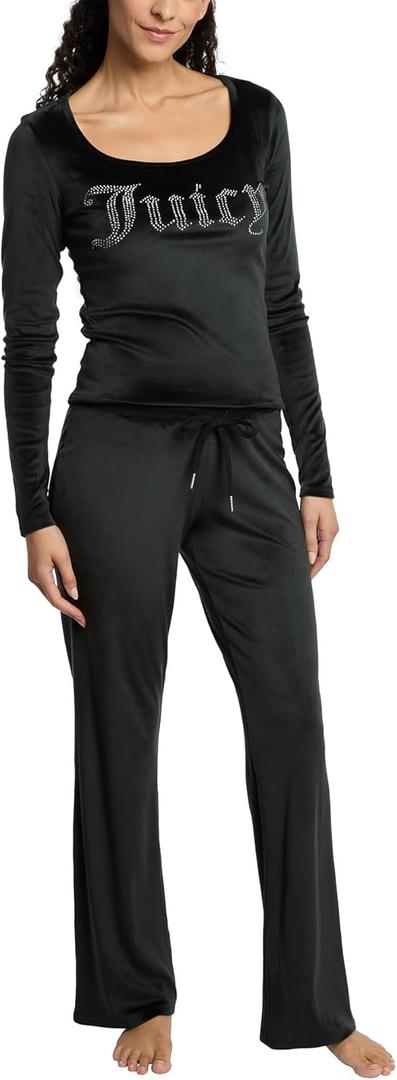 Juicy Couture Women's 2 Piece Velvet Fleece Long Sleeve Scoop Neck Fitted Top and Pants Lounge Sleepwear Set (X-Large, Black)