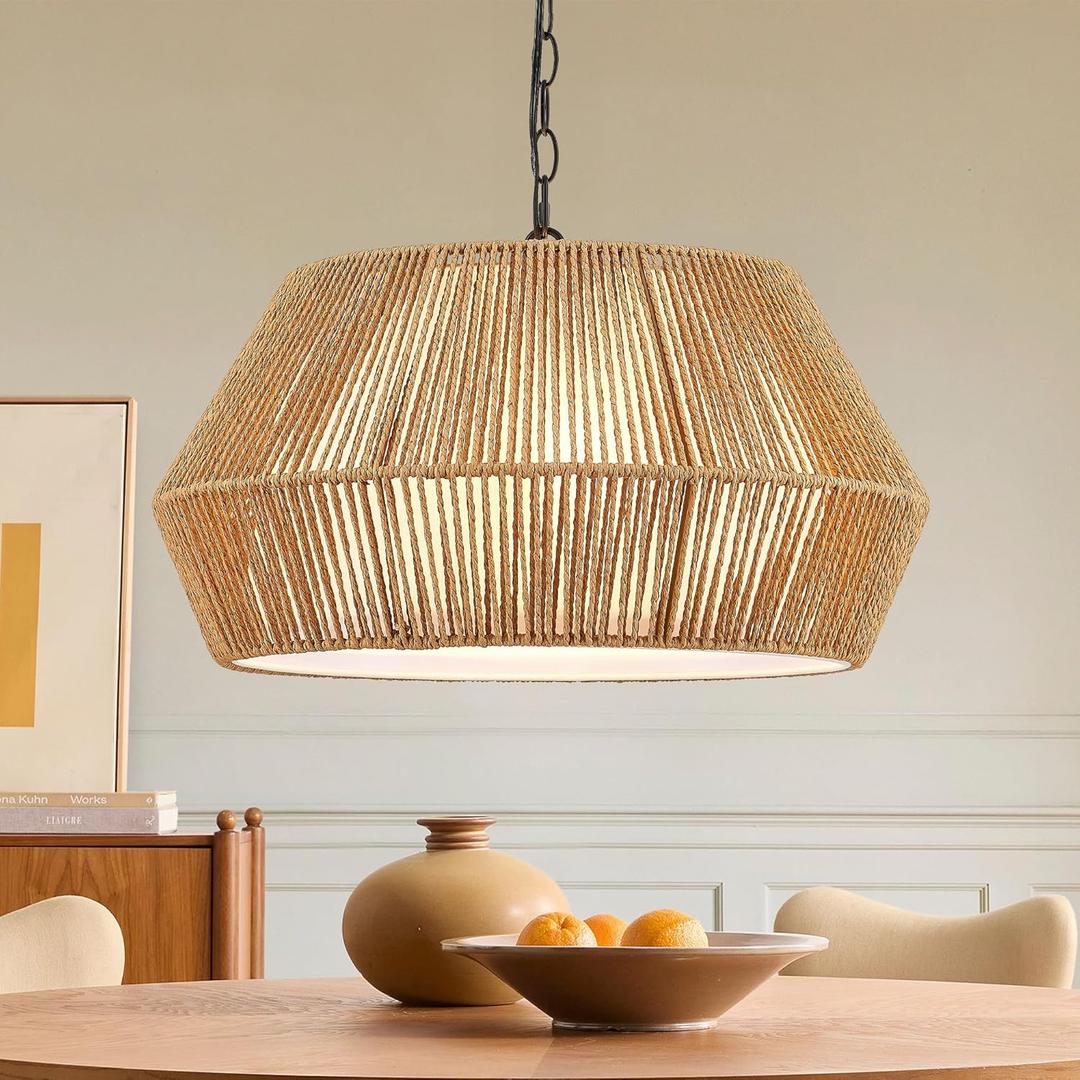 ELYONA 20" Large Rattan Chandelier Light Fixtures, 4-Lights Boho Pendant Light, Adjustable Woven Chandelier for Dining Room with Fabric Shade, Rustic Hanging Light for Kitchen Island,Living Room