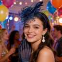 1920s Vintage Fascinators Hat Set for Women Tea Party Hats Veil Mesh Feather Headband Lace Gloves Set (Blue)