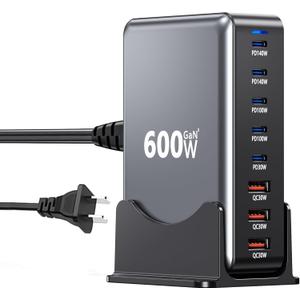 600W USB Charging Station,8-in-1 Multiple USBC Charger Block,Dual PD 140W Laptop Fast Charger Adapter,Multiple Devices Hub Compatible with MacBook Pro/Air,DELL,iPhone15/16,GalaxyS24/S23 and More