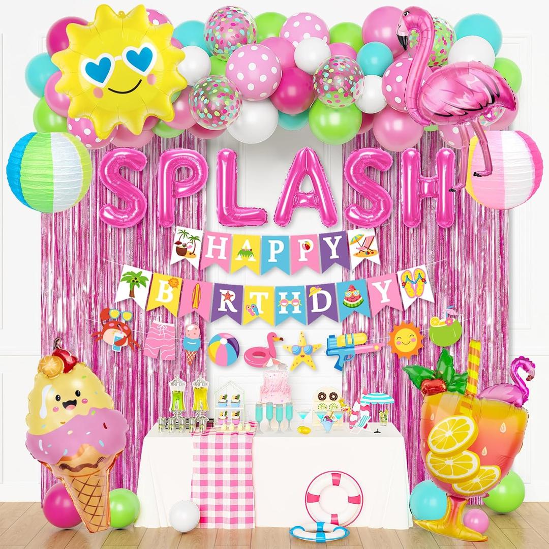 Summer Pool Beach Party Decorations, Splash Birthday Bash Party Supplies Tropical Summer Banner Beach Ball Lantern Fringe Curtain Foil Balloons Arch for Girls Swimming Luau Hawaiian Party Decor(Pink)