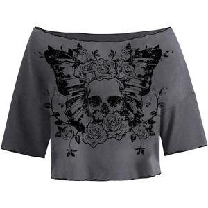 SOLY HUX Womens Y2K Grunge Shirts Short Sleeve Off Shoulder Crop Graphic Tees Goth Skull Tops (Large)