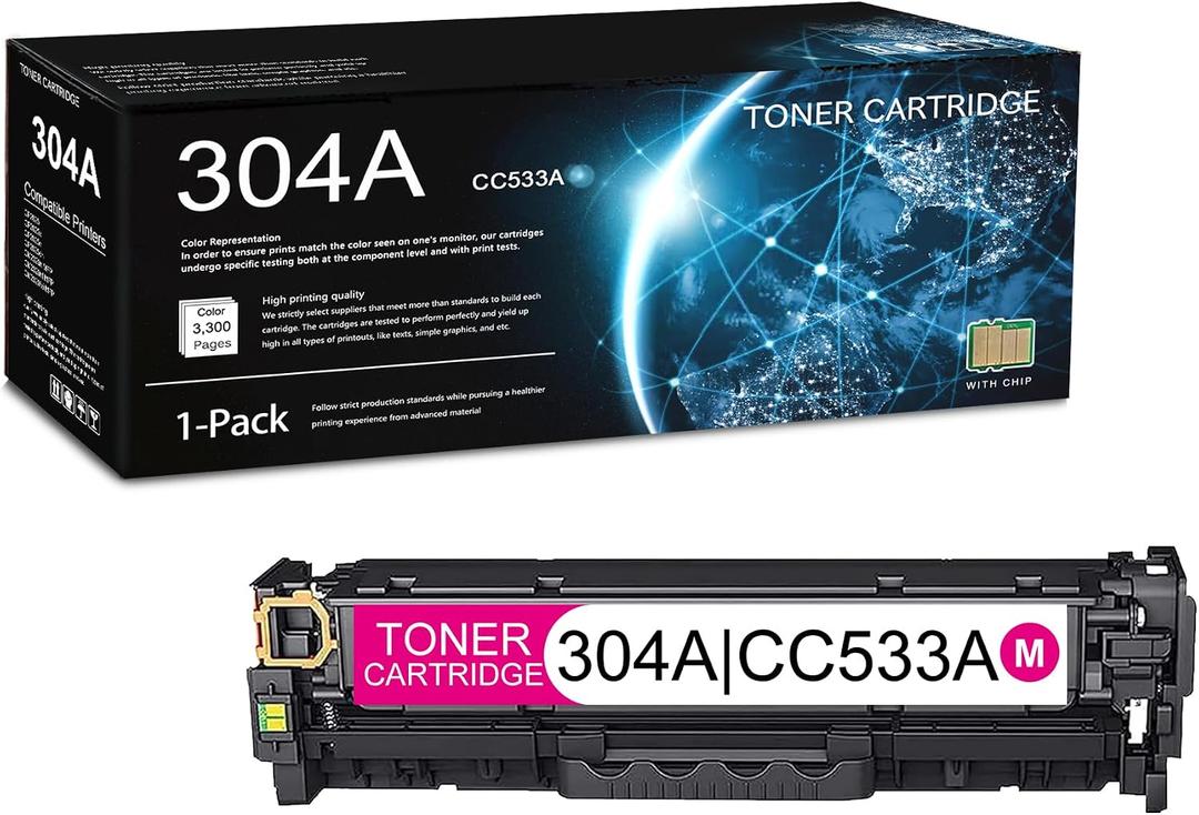 1 Pack 304A Magenta Toner Cartridge (with Chip) | Replacement for HP 304A Work with CP2025 CP2025x CP2025n CP2025dn CM2320n MFP CM2320nf MFP CM2320fxi MFP | CC533A