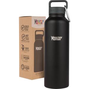 Healthy Human Stainless Steel Water Bottle | Double Walled Vacuum Insulated Water Thermos for Adults | Eco-Friendly Travel Bottles with Leak Proof Lid (Pure Black, 40 oz / 1183 ML)