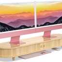 Bamboo Dual Monitor Stand with Storage, Curved Double Computer Laptop Stand Desk Shelf Organizer with Sliding Doors (42 inch)