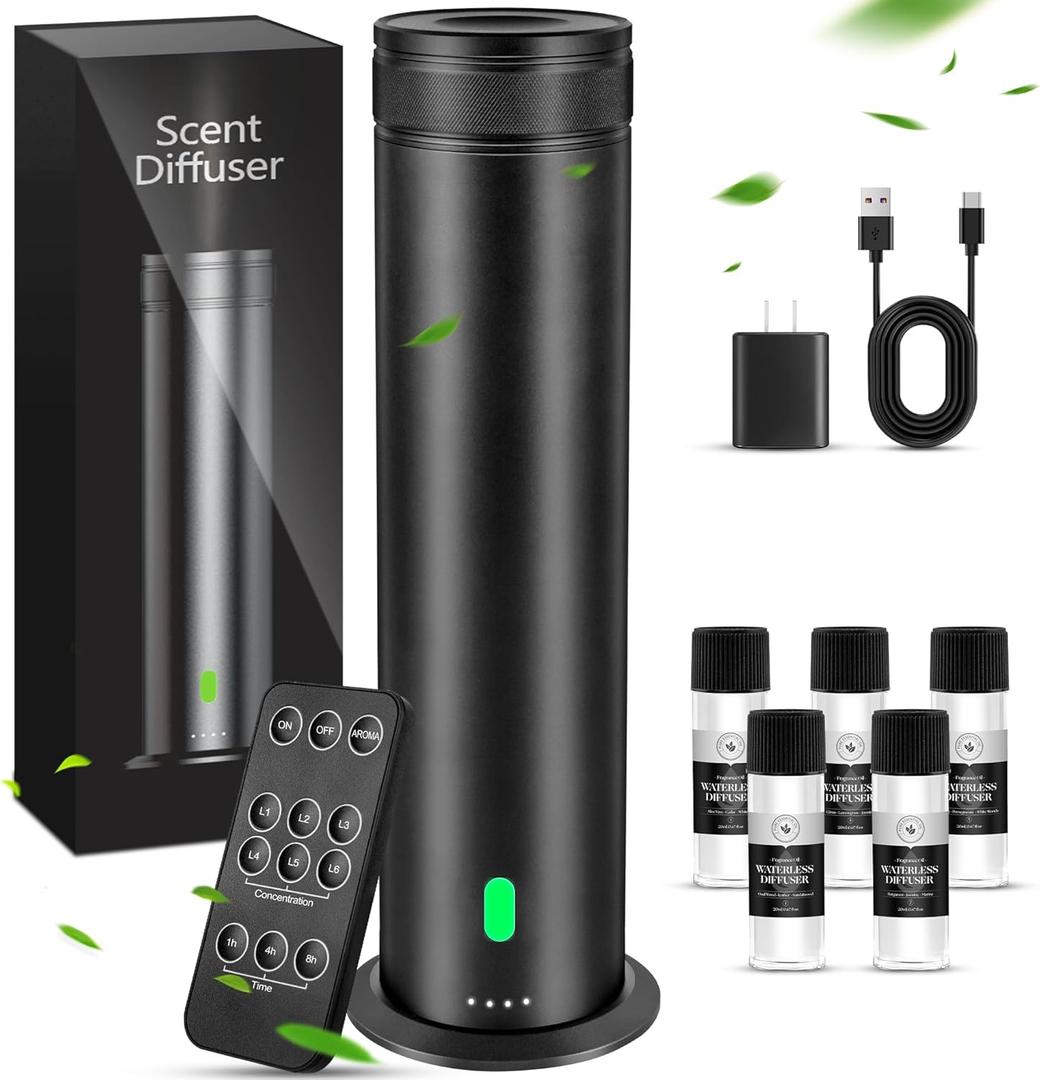 Waterless Scent Diffuser Starter Kit - Suitable for Home and Hotel Series Air Diffuser, 800 Square Inches of Coverage, 5 Kinds of Scented Essential Oils, Remote Control (Black)