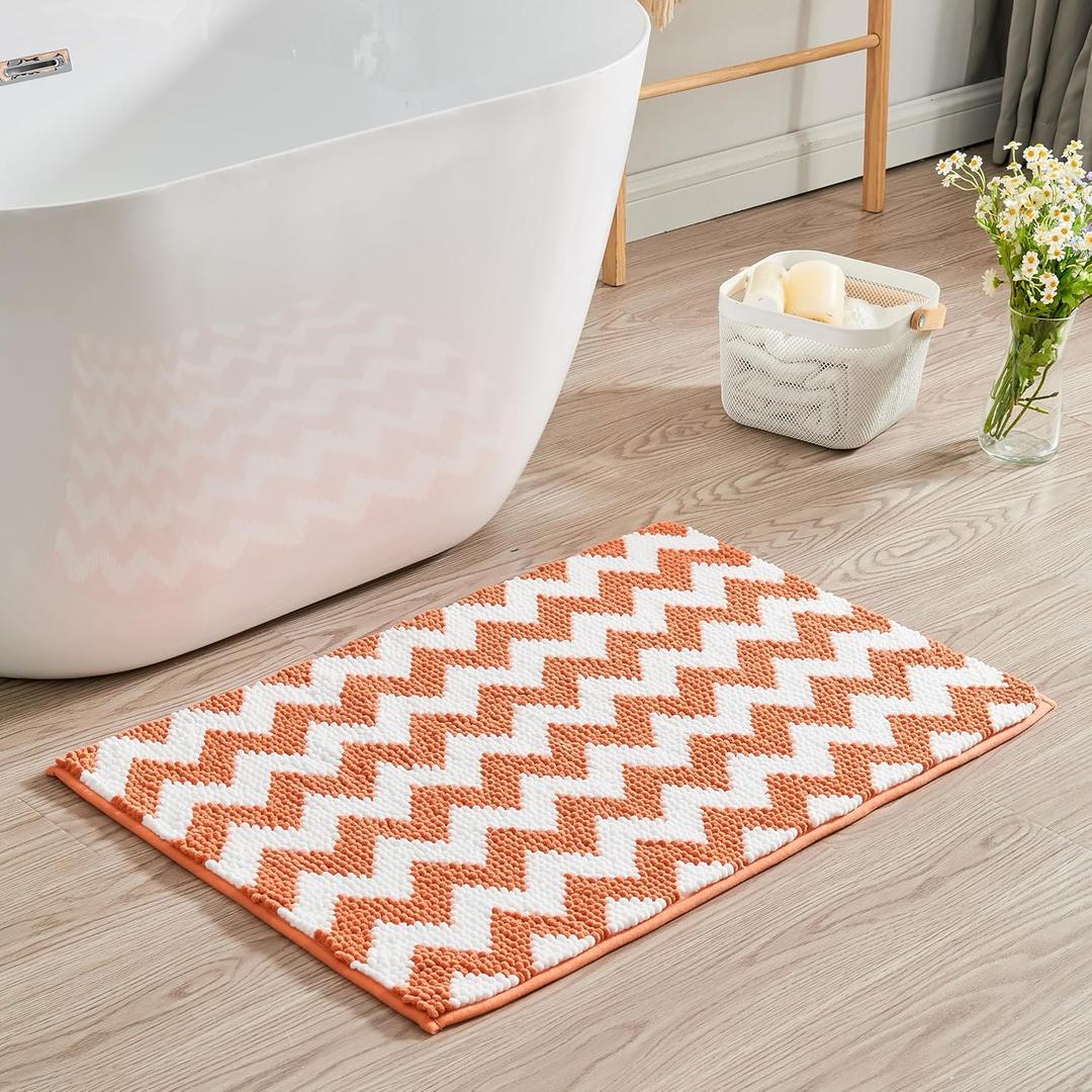 CozeCube Orange Chenille Bathroom Rugs 48" x 24", Soft Microfiber Chevron Bath Mats for Bathroom, Non Slip Shaggy Bath Rugs Machine-Washable, Plush Absorbent Shower Mat, Halloween Bath mat