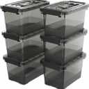 Clear Black Small Plastic Storage Bins with Lids 4 Quart, 6-Pack Stackable Organizer Boxes with Carry Handles, Compact Storage Containers for Organizing