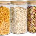 ComSaf Airtight Glass Storage Canister with Wood Lid (1.6 Qt), Clear Food Storage Container Jar with Sealing Lids for Oat Pasta Flour Cereal Rice Sugar Tea Coffee Beans, Set of 3 Square Cookie Jar