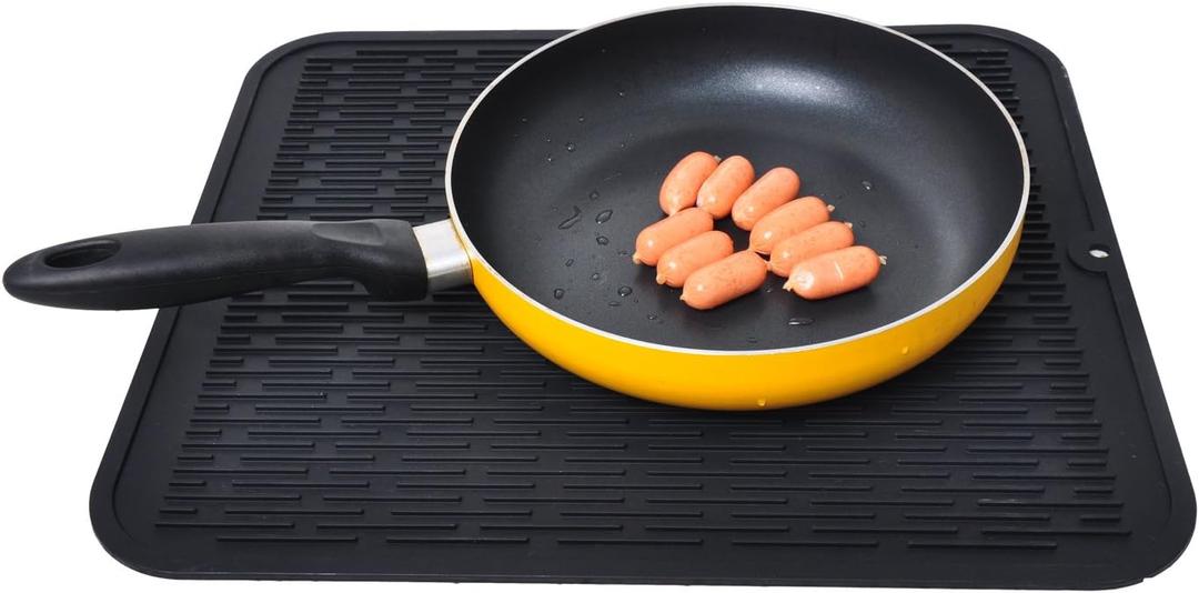 Extra Large Silicone Trivet Heat Resistant Mat 18'' x 16'' Dish Drying Mats kitchen Counter Rack Sink Drainer Pad Hot Pot Trivet Dishwasher Safe (black)