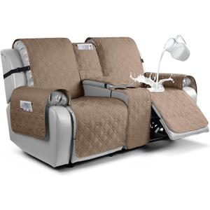 VANSOFY Loveseat Recliner Cover with Console 100% Waterproof Sofa Slipcovers Non-Slip Reclining Couch Cover Split Sofa Covers Furniture Protector for Pets, Dogs(Light Brown) (2 Seater+Console)