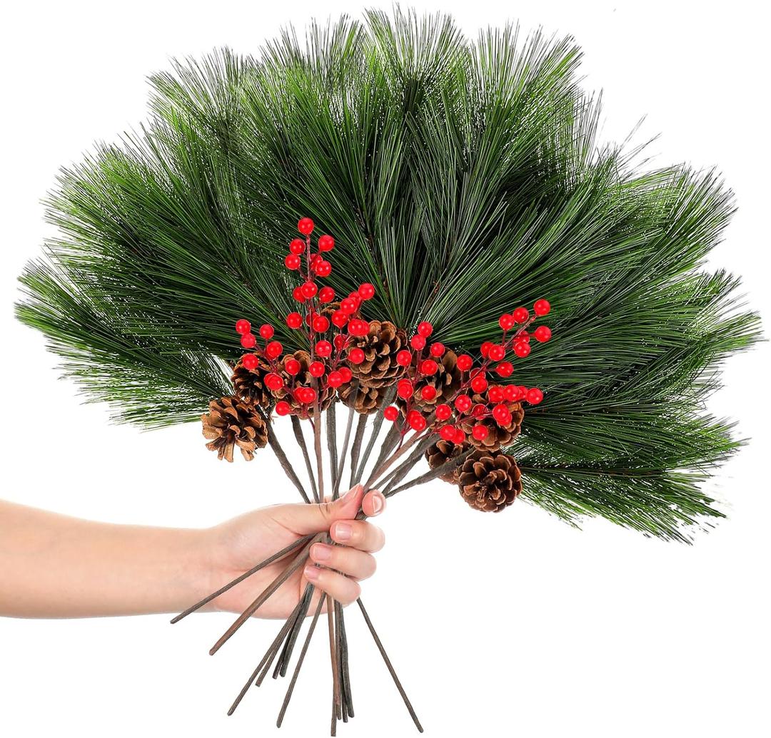 Giegxin 12 Pcs 19.7'' Artificial Large Long Needle Pine Branches with Pinecones and Red Artificial Berry Stems Fake Foliage Pine Needles Picks for DIY Christmas Home Garden Craft Holiday Season Decor