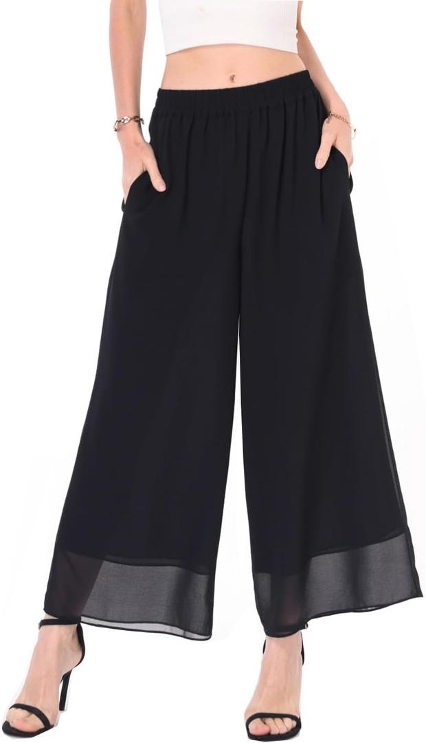 heipeiwa Women's Capris Crop Chiffon Pants Summer Beach Vacation Culottes Casual Dress Wide Leg Palazzo Pants (X-Large, Black)
