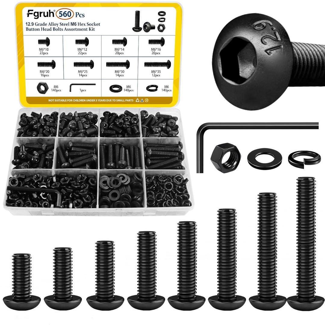 560PCS M6 Hex Socket Button Head Bolt Assortment Kit, M6-1.0x10/12/14/16/20/25/30/35 mm Button Head Cap Bolts Nuts Washers Screws Assorted Set, Grade 12.9 Alloy Steel Black Zinc Plated