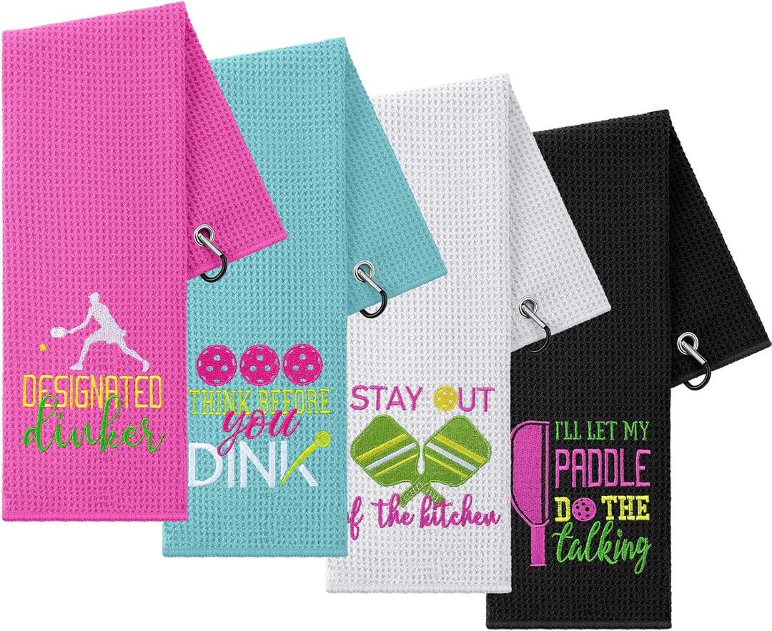 Hosuly 4 Pieces Funny Dinkball Towels 16" x 24" Microfiber Fabric Waffle Pattern Athletic Towels with Carabiner Clip Embroidered for Dinkball Lovers Men Women(Women,Elegant) (Woman)