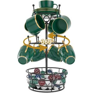 Mug Holder Tree, Coffee Cup Holder for Countertop, 360 Rotating Metal Coffee Mug Rack with 10 Hooks, 3 Tier Cup Rack Bar Station Organizer, Kitchen Counter Decor