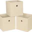 Foldable Storage Cubes Bins ,11 Inch Cloth Storage Cube Fabric Storage Box Cubes Organizer Baskets with Handles for Home Organizer Set of 3 (Creamy-White)