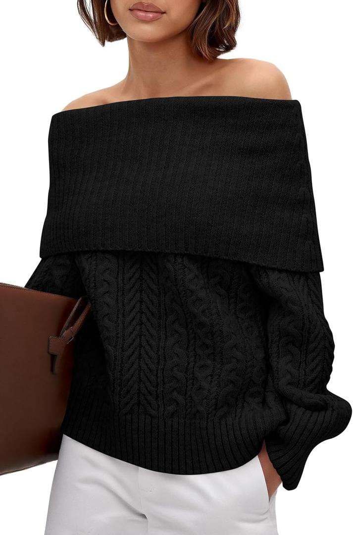 MASCOMODA Womens Sweaters Off The Shoulder Long Sleeve Cable Knit Sweater Loose Chunky Pullover Dressy Work Tops Fall Fashion (Large, Black)