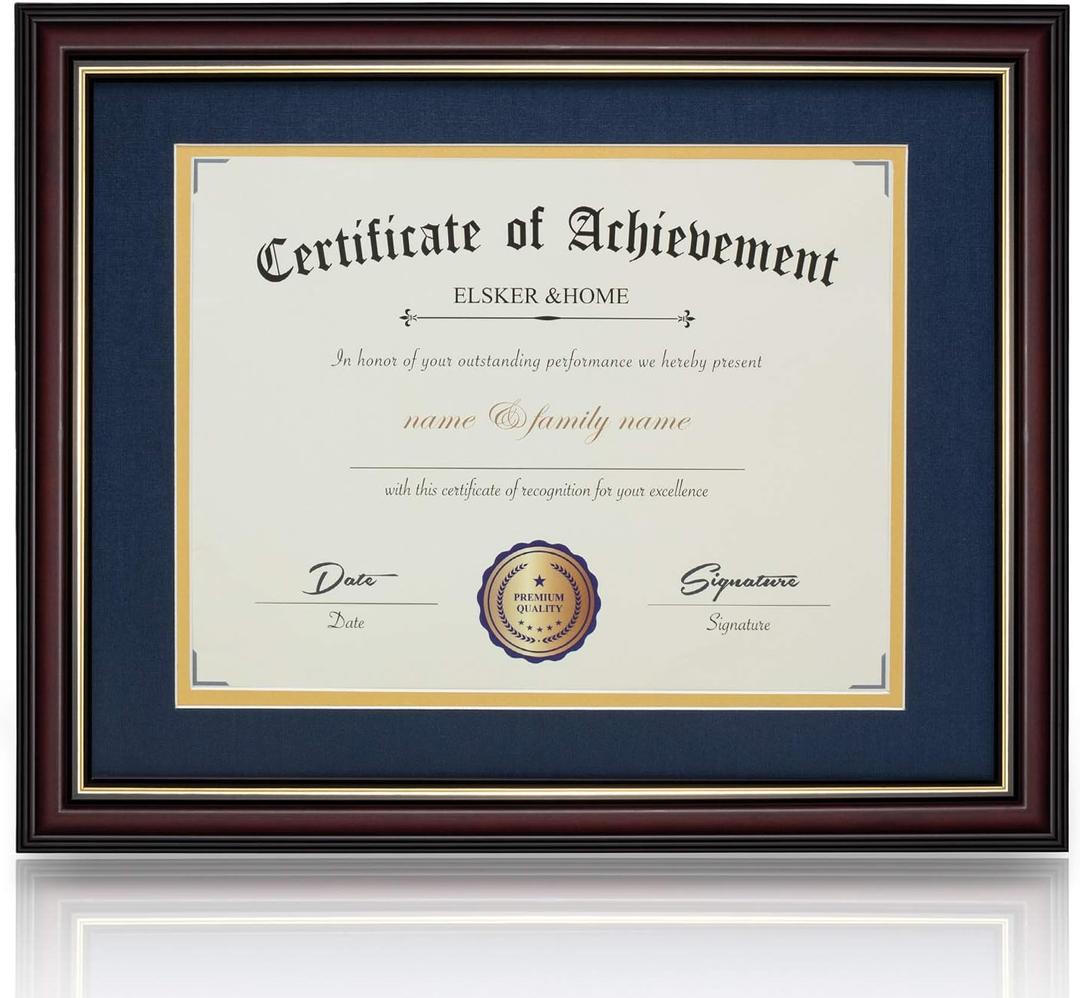 ELSKER&HOME 8.5x11 Document Frame - Matte Reddish Brown Wood Color Frame - Made for Certificates Sized 8.5x11 Inch with Mat and 11x14 Inch Without Mat (Double Mat, Navy with Golden Rim)