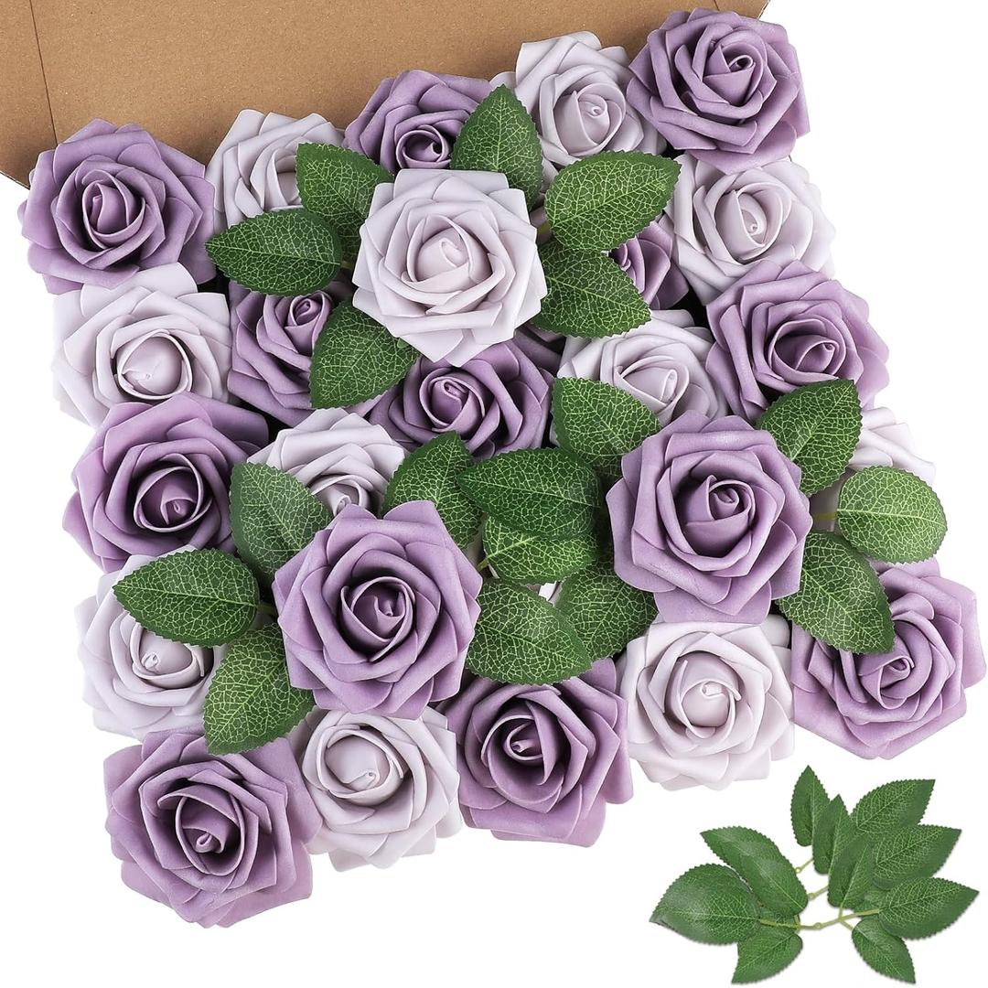 AmyHomie 25pcs Real Looking Artificial Pale Lavender Roses w/Stem for DIY Wedding Bouquets Centerpieces Arrangements Party Baby Shower Valentines Day Christmas Tree Decorations