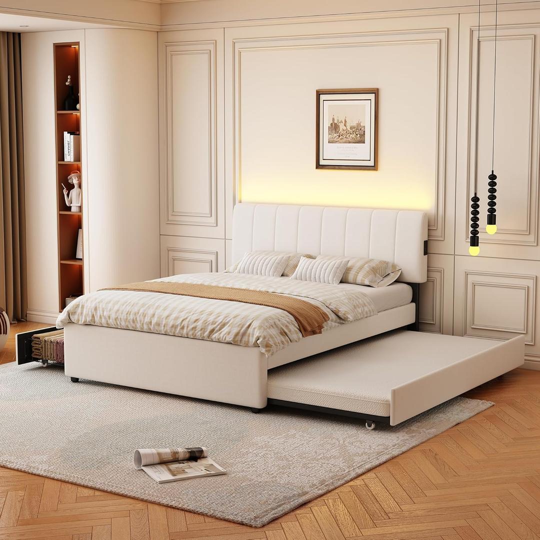 Full Size Upholstered Platform Bed with Trundle,2 Storage Drawers & USB/Type-C Charging,Chenille Fabric Bed Frame with APP-Controlled LED Lights,No Box Spring Needed,800LBS Capacity for Bedroom,Beige