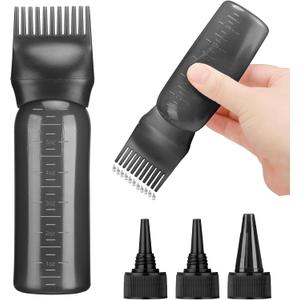 Hair Oil Applicator Bottle with 3PCS Pointed Mouth Cover 6 Ounce Hair Dye Bottle Root Comb Applicator for Scalp (Black)