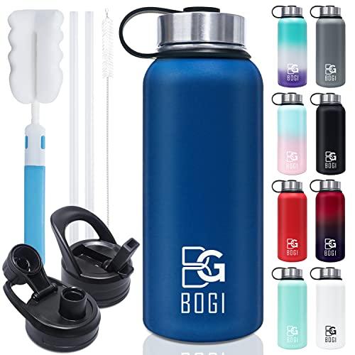 BOGI Insulated Water Bottle 32 oz, Double Wall Vacuum Stainless Steel Water Bottle with Straw and 3 Lids, Sweat-Proof Wide Mouth Metal Water Bottle Keeps Hot or Cold for Sports Gym Office (Dark Blue)