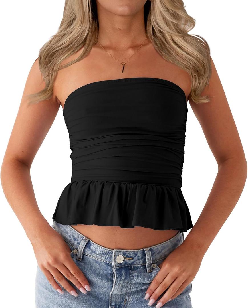 CSDAJIO Ruched Tube Tops for Women Double Lined Strapless Shirt Going Out Bubble Hem Ruffle Bandeau Top (Medium, Black)