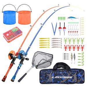 LEOFISHING Portable Kids Fishing Rod Set 2Pack Telescopic Fishing Poles for Boys and Girls Fishing Rod and Reel Combos with Full Kits Fishing Net and Bucket for Toddler Youth (Blue and Orange)