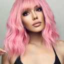 Pink Wig with Bangs Short Wavy Wigs for Women Pink Curly Shoulder Length Bob Wig Synthetic fiber Wigs for Cosplay Daily Party Use (14 Inch)