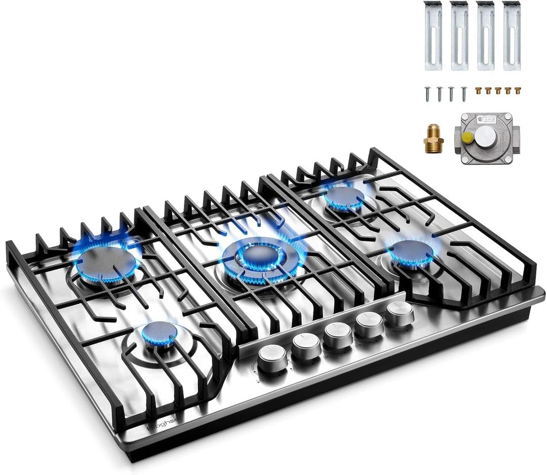 Gas Cooktop 30 inch with 5 Sealed Burners, Built-in Gas Stove Top Stainless Steel Propane Cooktop with Thermocouple Protection, NG/LPG Convertible, 30 Inch-Style 1