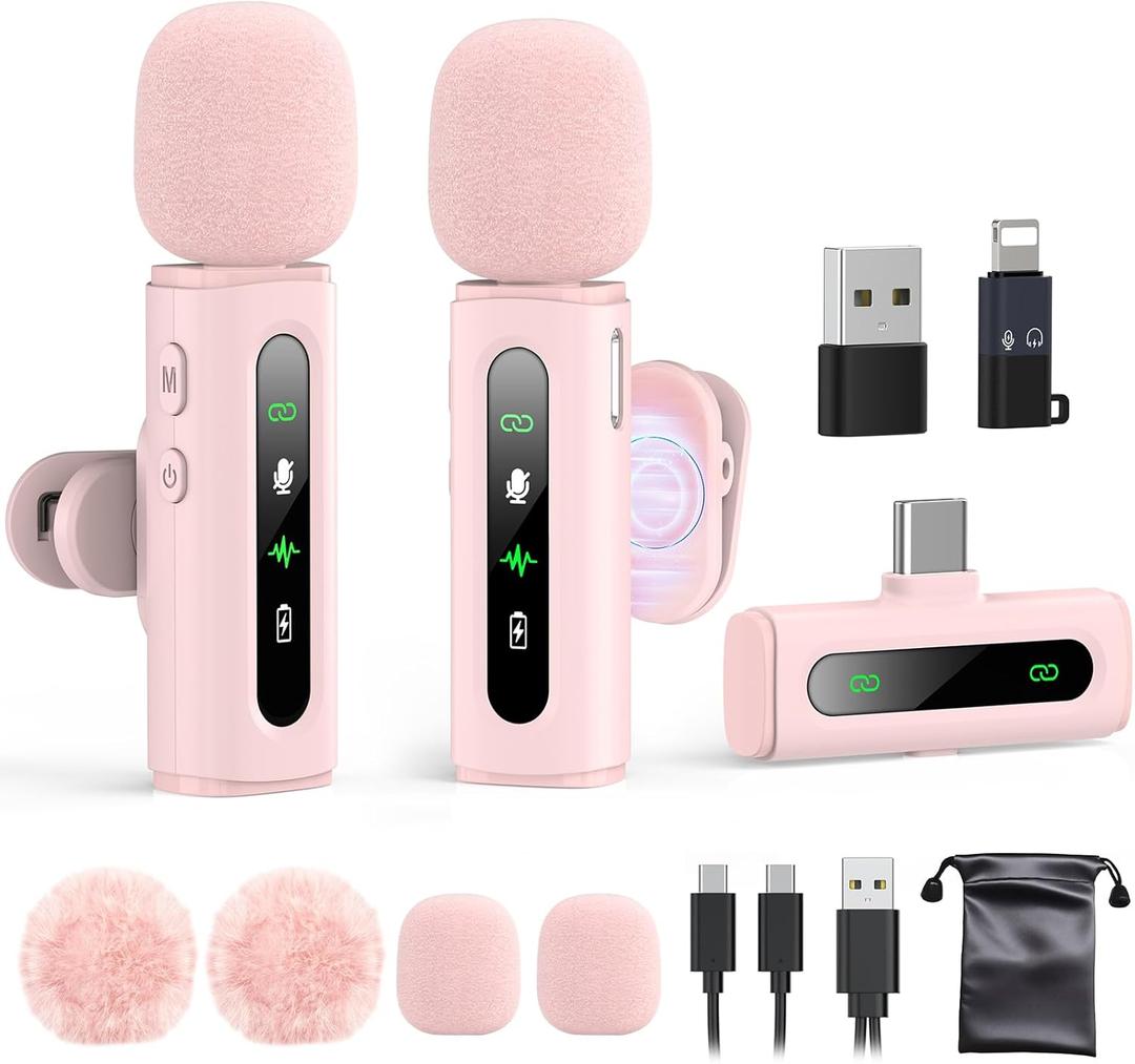 USB C Lavalier Microphone Wireless Mini Mic for Type-C Android Phone/Tablet/PC Video Recording Clip-on Mics with Rotatable Clip&Denoise Recording, Ideal for Vlog Tiktok Youtube Content Creator, Pink