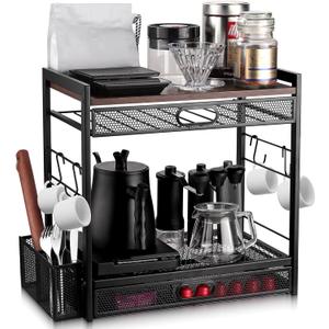 3 Tier Coffee Bar Organizer with Pull-Out K Cup Organizer (30+ Capsule Capacity),4 Hooks & Storage Basket-Countertop Coffee Station for Kitchen/Office,Coffee Bar,Mugs,Tea