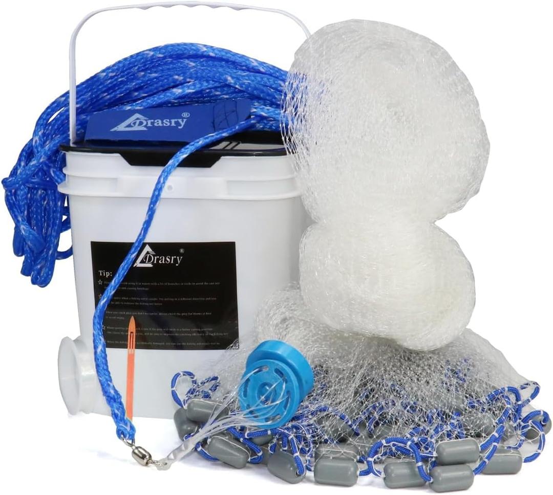 Drasry Saltwater Fishing Cast Net 3/8 and 1/4 Mesh with Heavy Duty Gray Sinker American Monofilament Fish Throw Net for Bait Trap 3FT 4FT 5FT 6FT 7FT 8FT 9FT Radius (Brown Net)