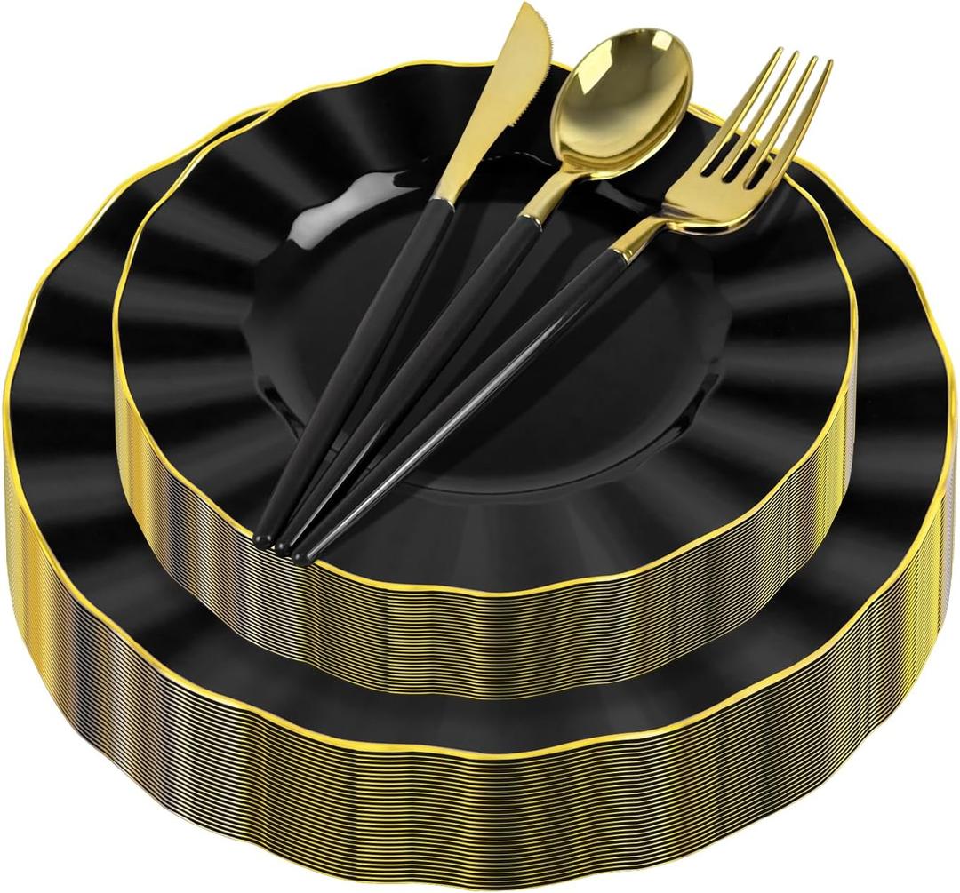 150Pcs Plastic Plates with Gold Rim,Heavy Duty Black Plates for 30 Guests,Plastic Dinnerware Set Include 30 Dinner Plate,30 Dessert Plate,90 Gold Cutlery Set for Party (Black)