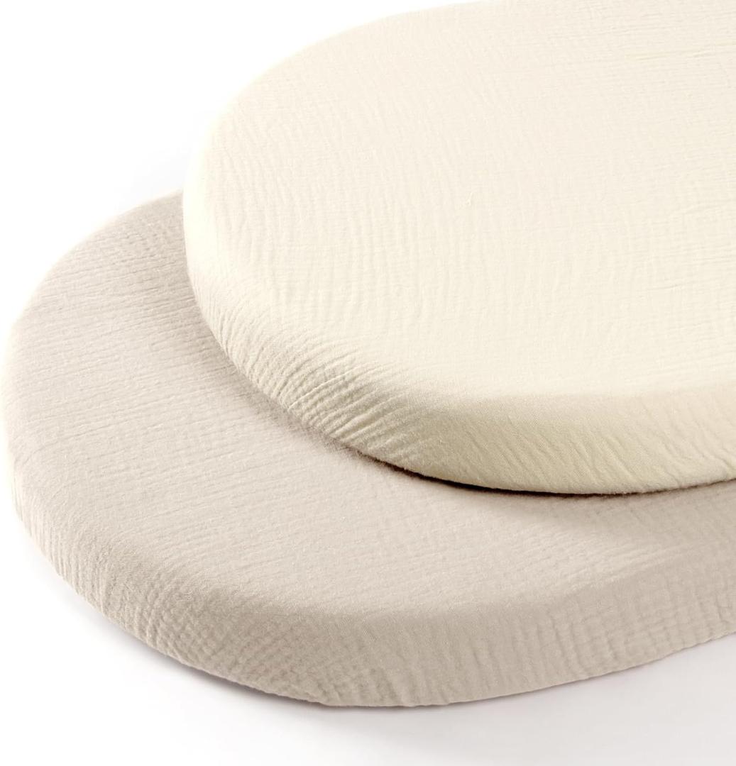 lulumoon Baby Muslin Bassinet Sheets: Cotton Bassinet Sheets Neutral for Boys and Girls - Fitted for Oval Rectangle or Hourglass (Standard Bassinet, White & Cream)