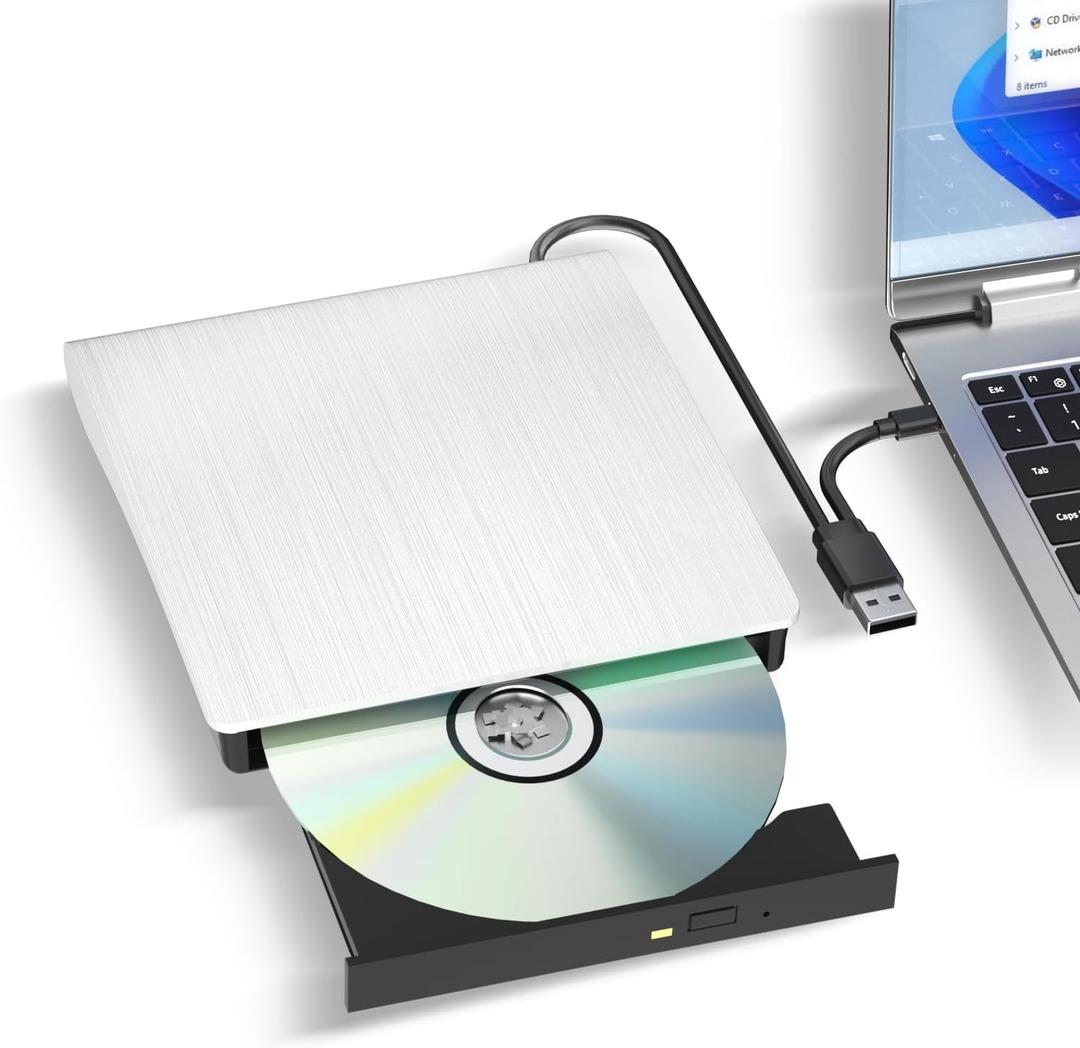 External CD/DVD Drive, USB 3.0 & Type-C CD/DVD Disc Reader Writer, CD ROM +/-RW External CD Player, Portable CD Burner for Laptop Desktop PC Mac Windows Linux (White)