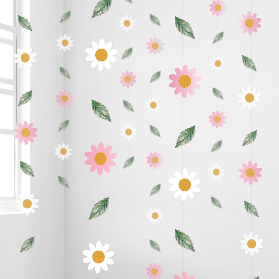 Cheerland Daisy Boho Party Decorations Groovy Garland Pink White Flower Banner Hanging Hippie Floral for Birthday Bridal Baby Shower Garden Spring Girl Onederland Retro Tea Party Supplies 6pcs