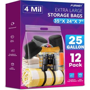 FURWEY 25 Gallon Extra Large Storage Bags 35x 24Resealable Clear Bags with Handle 4 Mil Thick Heavy Duty Big Bag for Clothes Pillow Travel Moving,Bedding,Shoes and Toys Storage, Pack of 12