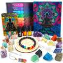 Crystals and Healing Stones Set 31Pcs - Healing Crystals & Stones - 14 Real Raw Chakra Rocks, 7 Gemstones Bottles, 3 Essential Oils,Pendant Necklace, Pendulum Board, Amethyst Cluster, Bracelet & Guide