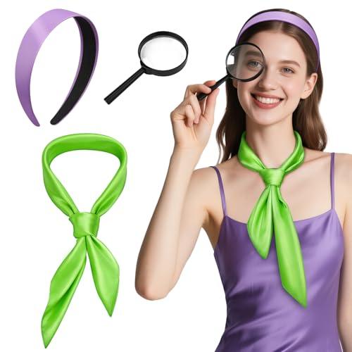 VEKDA 3PCS Women Costume Accessories Purple Headband Green Scarf Halloween Party Cosplay Set for Women Adult with Magnifying Glass