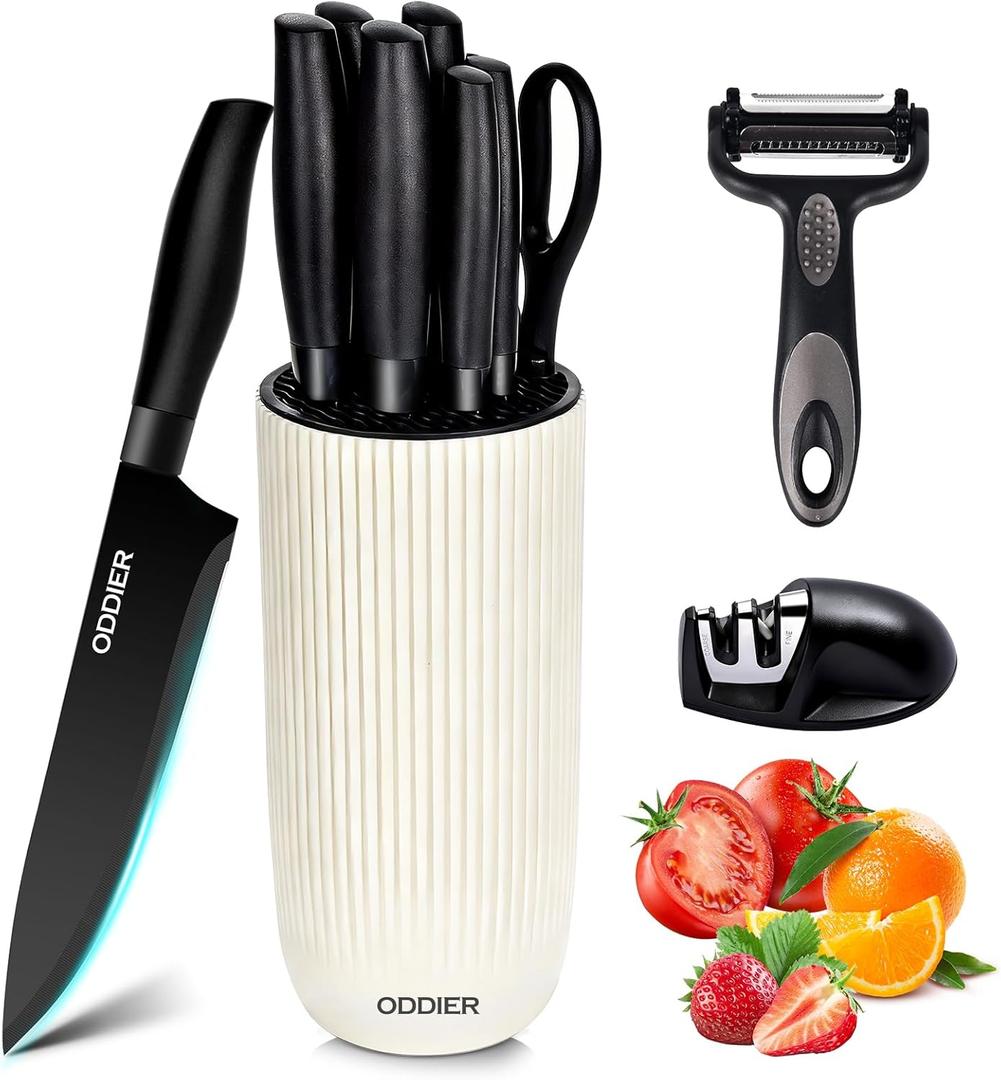 Knife Set, 10 Piece Kitchen Knife Set with Block and Sharpener, Anti-Rust Stainless Steel Knives Set for Kitchen, Chef Universal Knife Block Set, Dishwasher Safe, Ergonomical Design, White